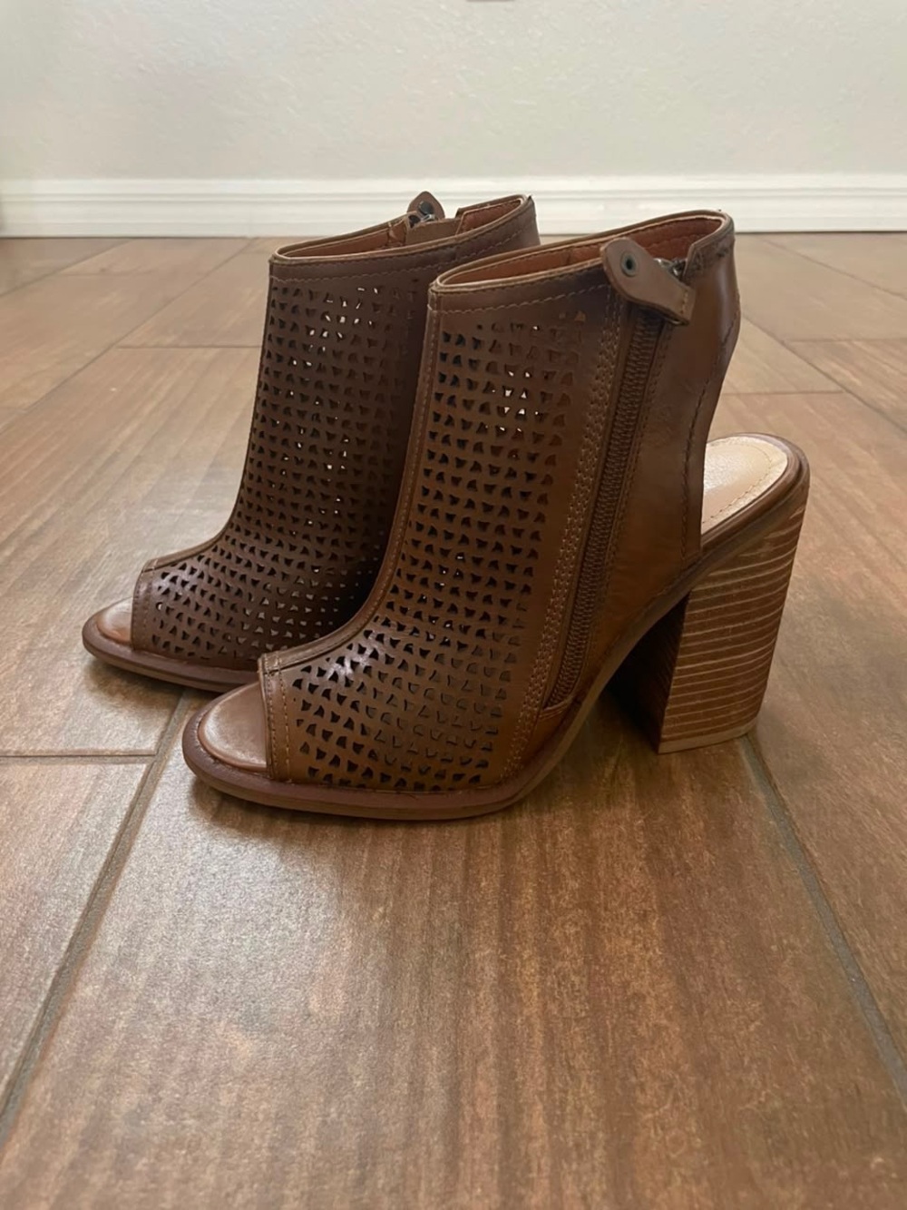 Kelsi Dagger Brooklyn brown perforated leather peep-toe block heel sandals
